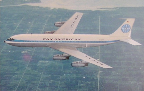 1950s An early post card picture of a Pan Am 707 in-flight.